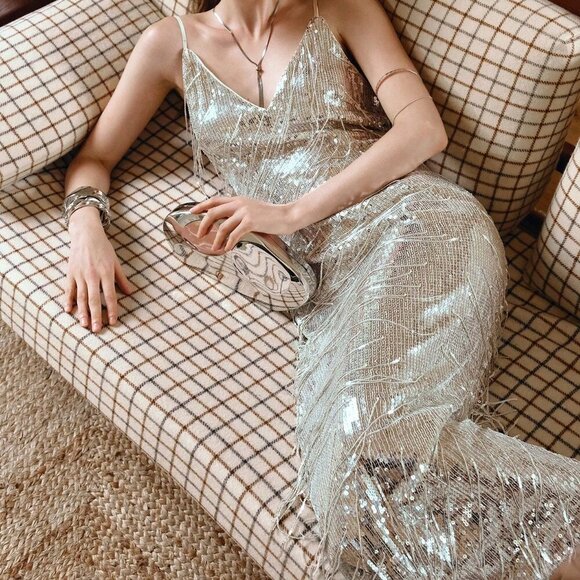 Silver Sequin Women's Spaghetti Strap Midi Bodycon Dress - Picture 7 of 7